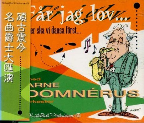"CD cover with cartoon man playing saxophone, orange and green background, and foreign text."