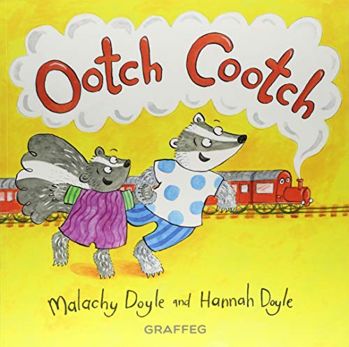 "Children's book cover featuring cartoon badgers in front of a red train on yellow background."