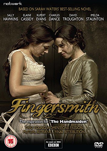 "Fingersmith DVD cover featuring two women holding hands, with title in gold lettering."
