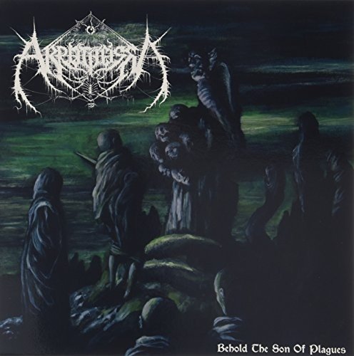 "Album cover art depicting hooded figures gathered around a statue, dark and eerie atmosphere."