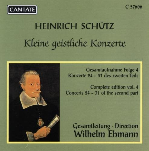 The image is a CD cover for "Wilhelm Ehmann - Kleine geistliche Konzerte 4". The alt text is: "CD cover with portrait of man, green background, and black text."