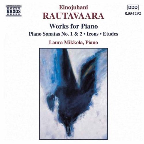 "Album cover with abstract bird painting and text describing piano works."
