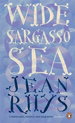 "Book cover of 'Wide Sargasso Sea' by Jean Rhys, featuring blue and purple abstract background."