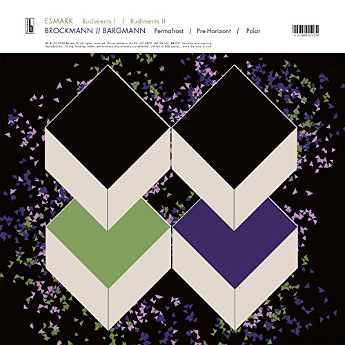 "Vinyl album cover with 3D cubes in green, purple, and black on a black background."