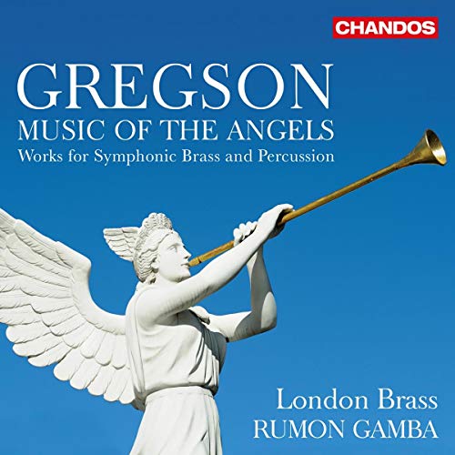 "CD cover featuring a white angel statue playing a brass trumpet against a blue background."