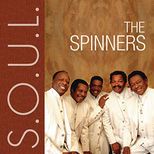 "Album cover featuring The Spinners, a group of five men in white suits."