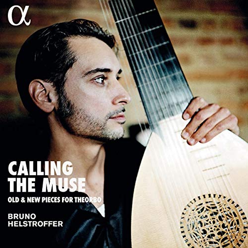 "Album cover featuring a man holding a theorbo with white text overlay."