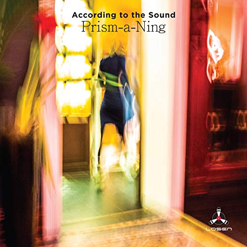 "CD album cover with a blurred woman walking through a doorway, surrounded by bright lights."