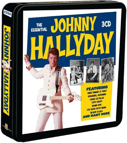 "CD cover featuring Johnny Hallyday in white, holding a guitar, with three black-and-white photos."