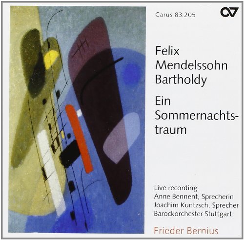 "CD cover with abstract art and text describing Felix Mendelssohn's 'Ein Sommernachtstraum'".