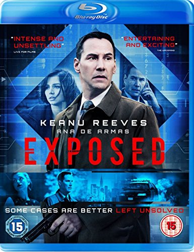 "Blu-ray case for 'Exposed' featuring Keanu Reeves and Ana de Armas, with blue-toned cover art."