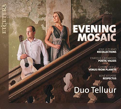 "CD cover featuring a man and woman with guitar and cor anglais on a staircase."