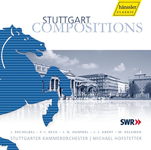 "CD cover with blue horse graphic and cityscape image, featuring 'Stuttgart Compositions' title."