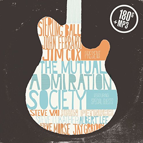 "Album cover featuring a white guitar shape with text on a dark grey background."