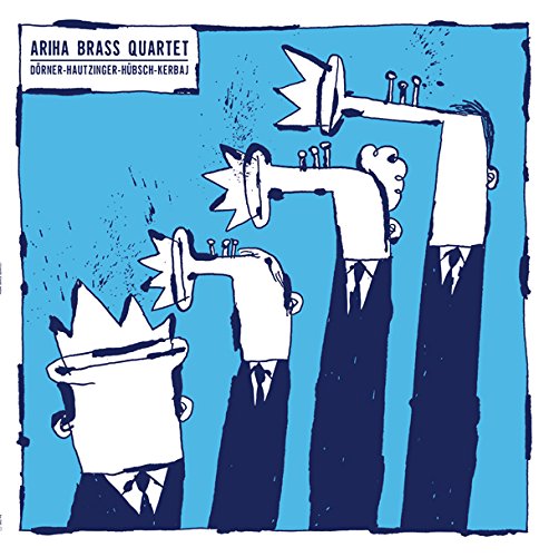 "Vinyl album cover with cartoon men playing trumpets against a blue background."