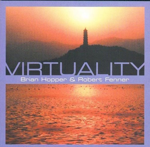 Album cover with lighthouse on hill and water at sunset, titled "Virtuality".