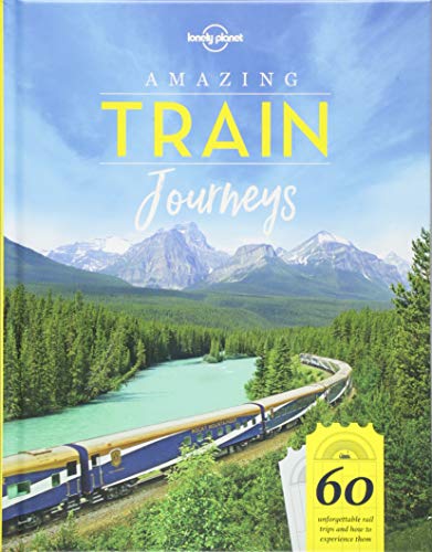 "Book cover featuring a blue and gold train winding through a mountainous landscape."