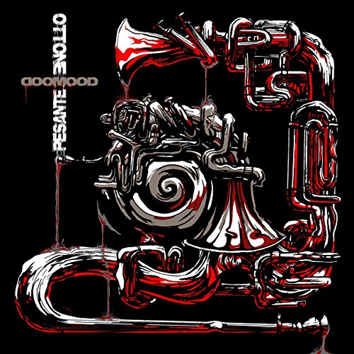 Album cover with stylized tuba illustration, red and white on black background.