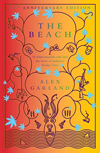 "The Beach by Alex Garland" book cover with abstract, colorful design and blue stars.