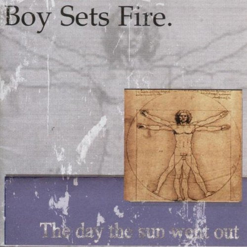 Album cover with Vitruvian Man drawing, distressed grey and purple background, and title text.