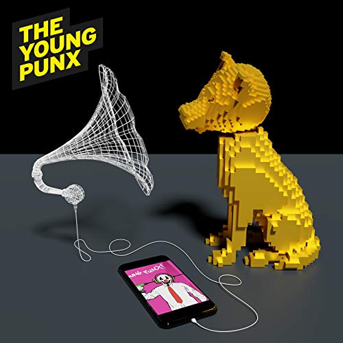A pixelated yellow cat sits beside a phone with a cartoon on its screen.