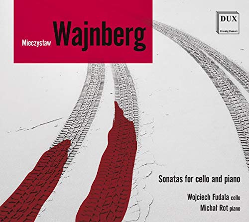 Red and white album cover with tire tracks and text "Wajnberg Sonatas for cello and piano".
