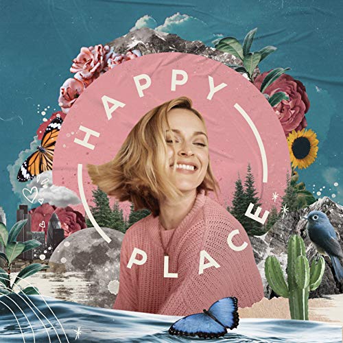 A smiling woman surrounded by a pink circle with "HAPPY PLACE" text and nature elements.
