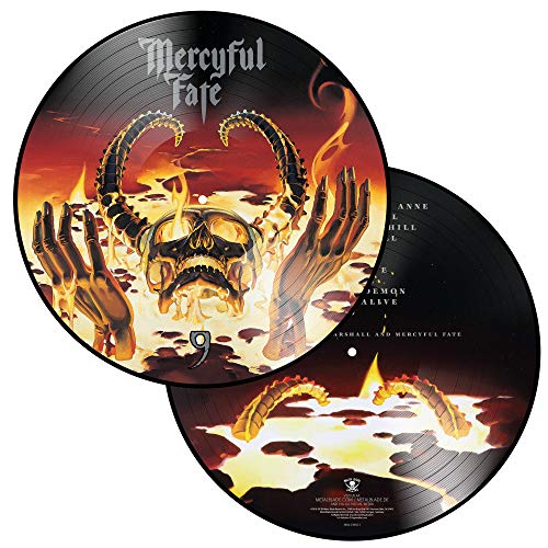 "Vinyl record with a fiery skull design and 'Mercyful Fate' text on a red background."