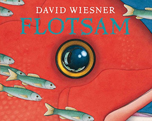 "Book cover featuring a giant eye with fish swimming around it on a red background."