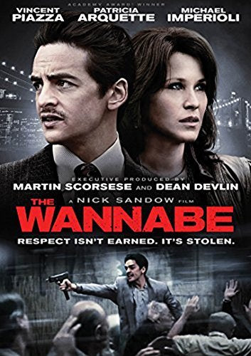 "The Wannabe DVD cover featuring Vincent Piazza and Patricia Arquette with a man holding a gun."