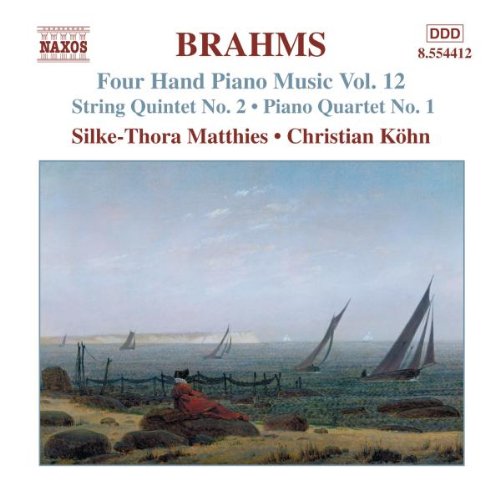 "Album cover with serene seascape painting and text describing Brahms' piano music."