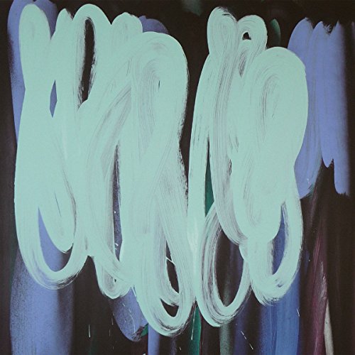 The image depicts an abstract painting with swirling brushstrokes. "Abstract painting with light blue and purple swirling strokes on a dark background."