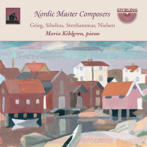 "CD cover with abstract painting of Nordic houses and water, beige header with text."