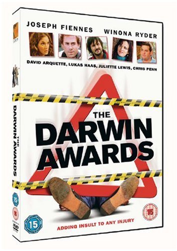 The image shows a DVD case for "The Darwin Awards". Here is a concise, descriptive alt text: "DVD case with 'The Darwin Awards' title and muddy feet image."