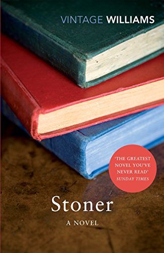Book cover of 'Stoner' featuring a man in a suit reading a book.