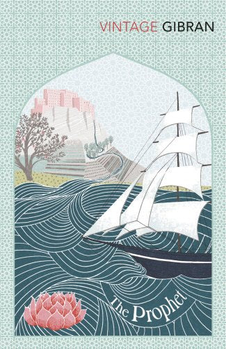 Book cover with a sailing ship on wavy waters, pink lotus, and arched landscape.