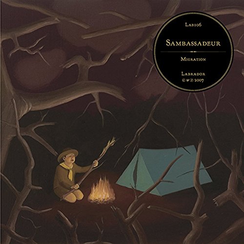 "CD cover art: a man sits by a campfire in a dark forest."