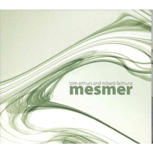 "Album cover with green swirling lines and 'mesmer' text on a light background."