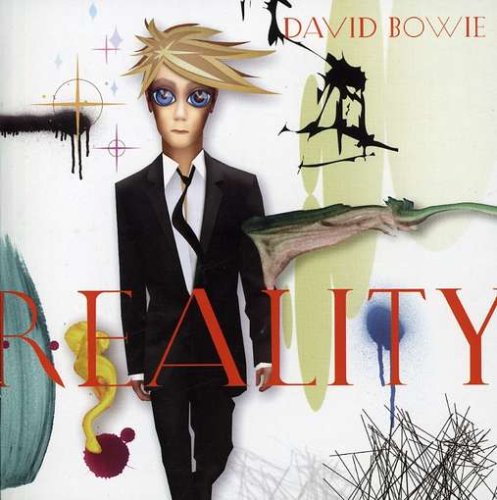 David Bowie's "Reality" CD cover featuring a cartoon man in a black suit.