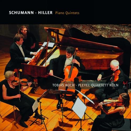 "CD cover with a string quartet and pianist performing together on stage."