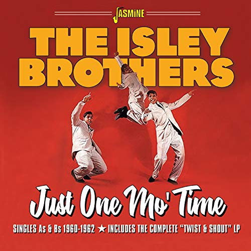 "Red album cover with three dancing men and yellow and white text."