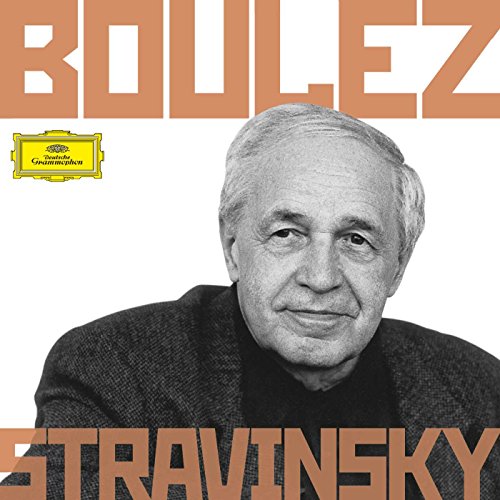 Black-and-white photo of Pierre Boulez on a CD cover with orange text and yellow logo.