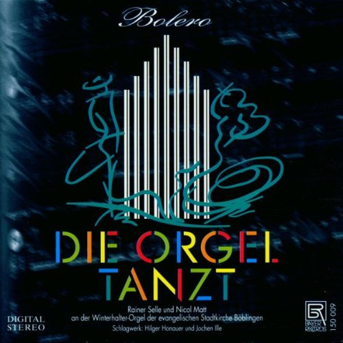 "CD cover with organ pipes and swirling design, multicolored text on dark background."