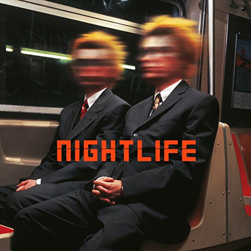 "Album cover featuring two blurred men in suits on a subway, 'NIGHTLIFE' in orange."