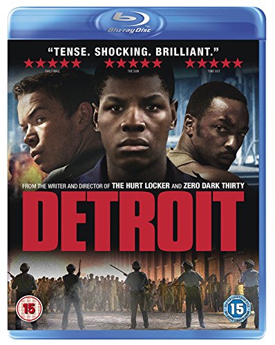 "Blu-ray case for 'Detroit' with three men's faces and a riot scene."