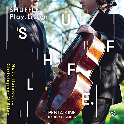 "CD cover featuring two men in black, one holding a cello, outdoors."