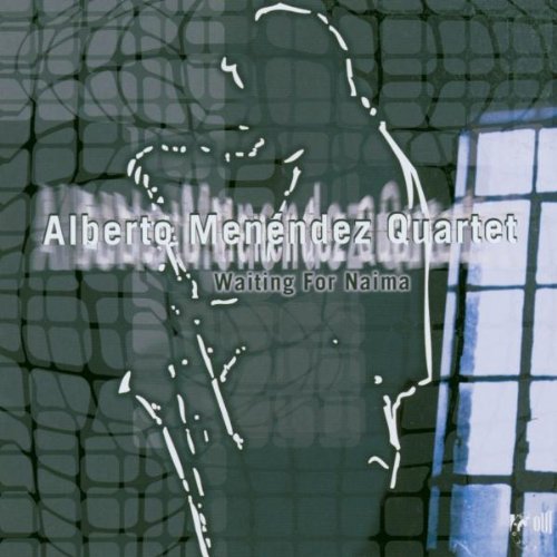 "Album cover with abstract green background, white outline of a saxophonist, and text overlay."