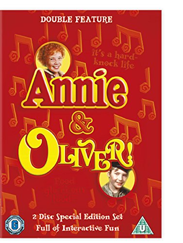 Red DVD cover featuring "Annie & Oliver!" with musical notes and character portraits.