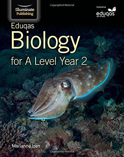A textbook cover featuring a cuttlefish on coral, with title "Eduqas Biology for A Level Year 2".