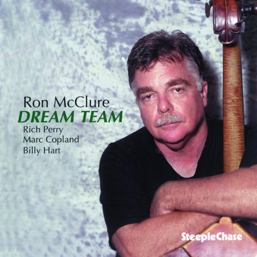 "Album cover with a man holding a double bass, wearing a black shirt."
